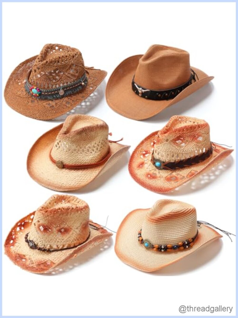 6 Pc Straw Cowboy Hat Set Adjustable Wide Brim Western Cowgirl